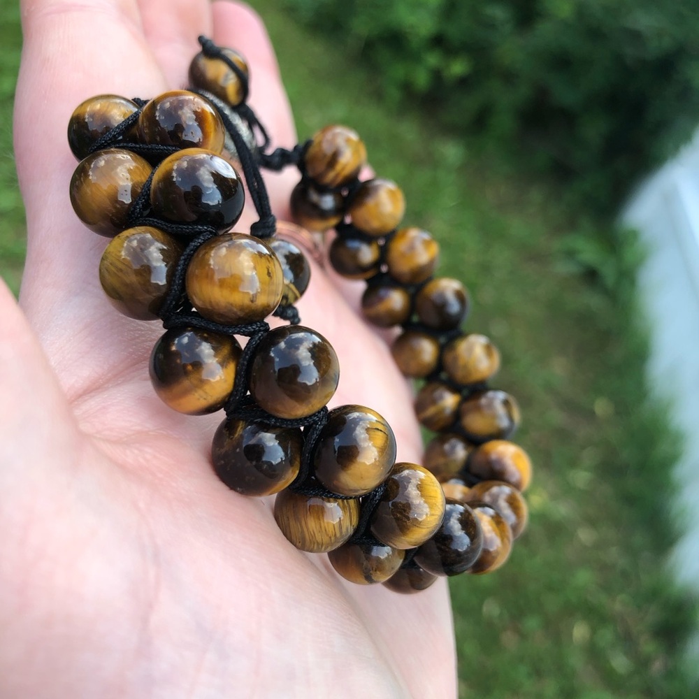 Men's Double Layer Tiger Eye Adjustable Bracelet - Macrame Knotted - Picture 14 of 17